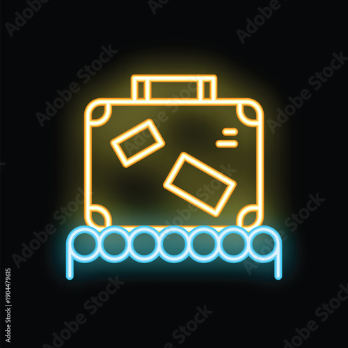 Neon sign depicting a piece of luggage on a conveyor belt, commonly found in airports