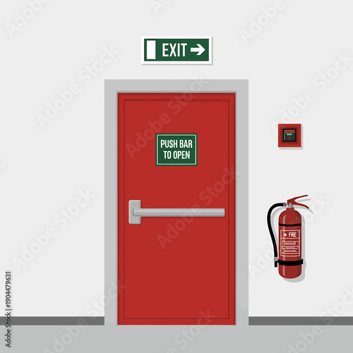 Red emergency exit door with fire extinguisher and exit signs on wall