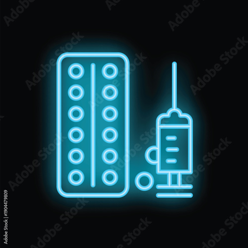 Glowing blue neon icon of a syringe injecting pills representing medical treatment, healthcare, and pharmaceuticals