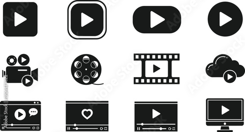 Video media player icons set, play button, streaming interface, film reel, cloud video, online playback, multimedia controls, digital entertainment, web app design, vector illustration