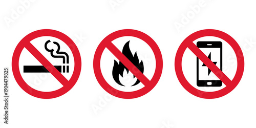 No smoking no fire and no phone usage warning signs on white background