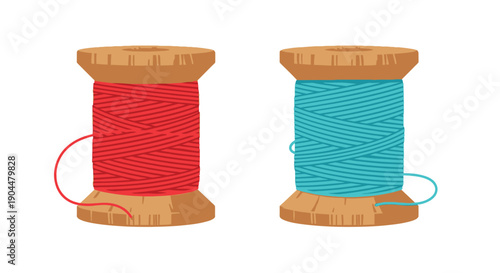 Two wooden spools of thread one red and one turquoise
