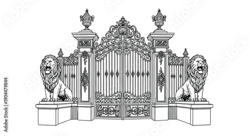 Ornate gate featuring lion statues and detailed floral carvings in grayscale