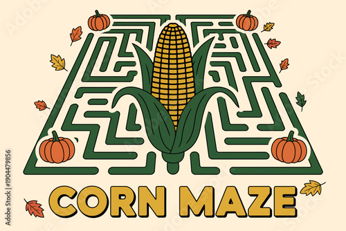 Corn maze puzzle with pumpkins and leaves on beige background