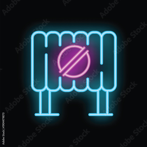 Glowing neon line icon of heating radiator with heating off sign on black background
