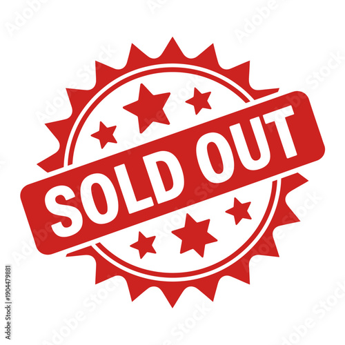 Red sold out stamp with stars on white background