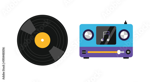 A colorful illustration of a vinyl record and retro cassette player