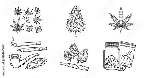 Hand drawn cannabis illustration featuring leaves buds joints and storage containers