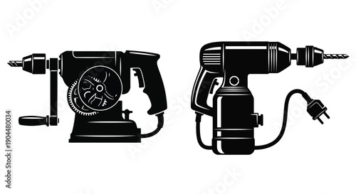 Two power tools a hand drill and an electric drill depicted in black