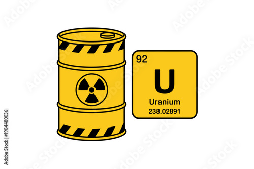 Yellow uranium barrel and chemical element symbol isolated on white background