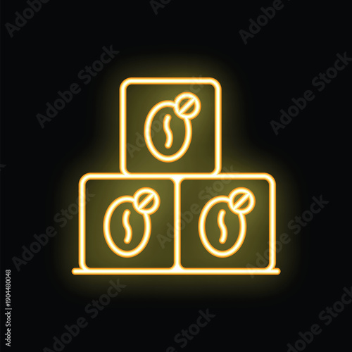 Yellow glowing neon sign representing coffee beans inside squares forming a pyramid, indicating successful coffee trading and price increase