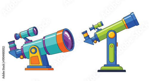 Colorful cartoon illustration of two refracting telescopes on a white background