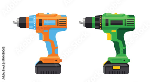 Two cordless power drills one orange and one green are displayed