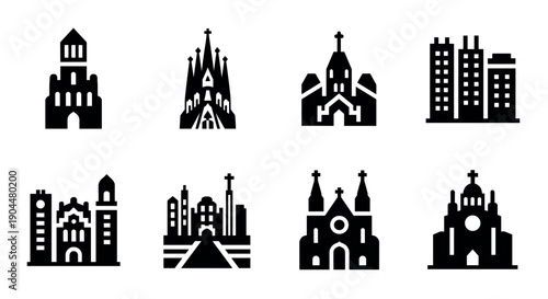Set of iconic landmark silhouettes featuring various architectural styles