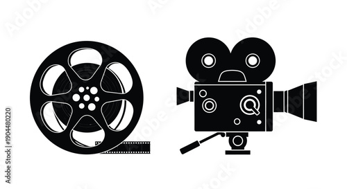 Film reel and vintage movie camera illustration in black and white