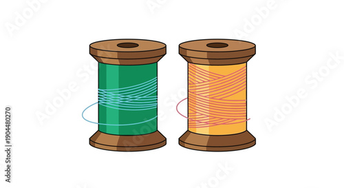 Two wooden spools of thread one green and one orange are displayed
