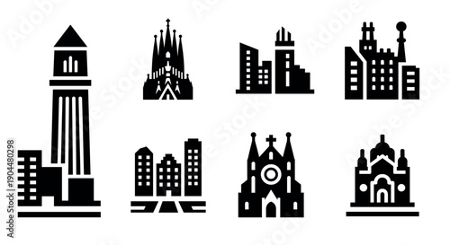 Iconic urban landmarks: black silhouette architectural designs for cities