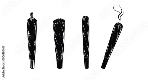 Four black and white illustrations of rolled cannabis cigarettes some smoking