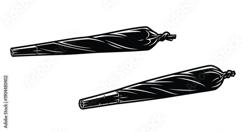 Two black and white illustrations of rolled cannabis cigarettes or joints