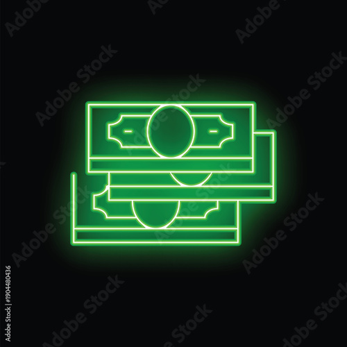 Green neon sign representing a stack of banknotes, symbolizing wealth, profit, and financial success