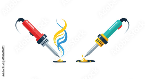 Two soldering irons with heated tips and melting solder displayed prominently