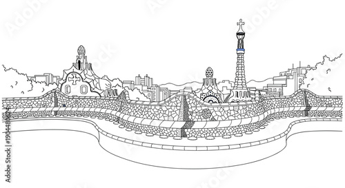 Linear park guell architecture featuring mosaic walls and cityscape