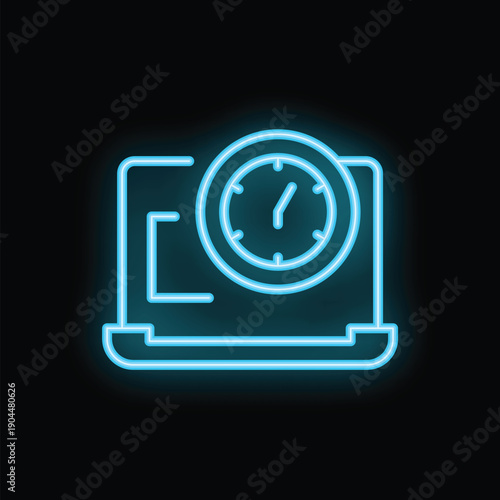 Blue neon icon of a clock showing working time on a laptop screen, representing efficient time management for deadlines on a black background