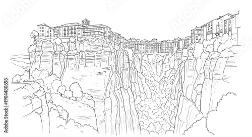Historic cliffside village line art: scenic architecture and natural landscape