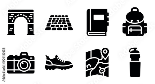 Monochrome travel icons: adventure, camera, backpack, and more