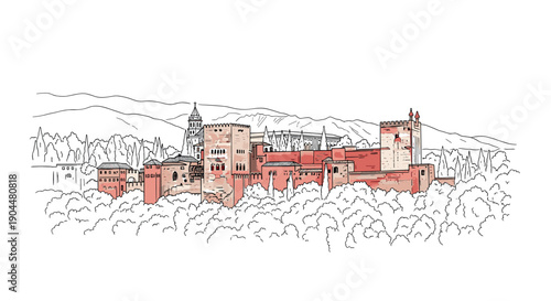 Colorful sketch of historic fortress with mountain backdrop