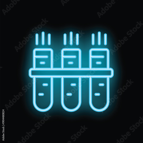 Blue neon icon of three test tubes heating up in a lab on a black background