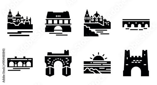 Stylized cityscape icons featuring famous architectural landmarks