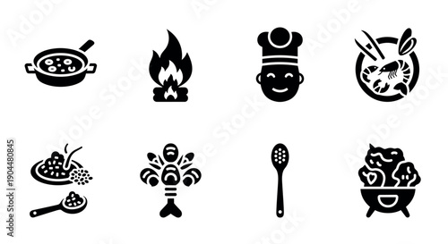 Cooking icon set: chef, utensils, ingredients, and fire in simple black silhouettes