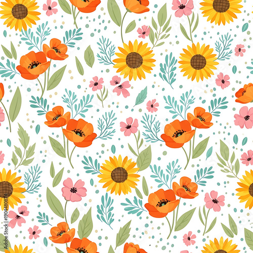 Seamless floral pattern with hand-drawn colorful wildflowers, sunflowers, and roses for elegant spring and summer background design