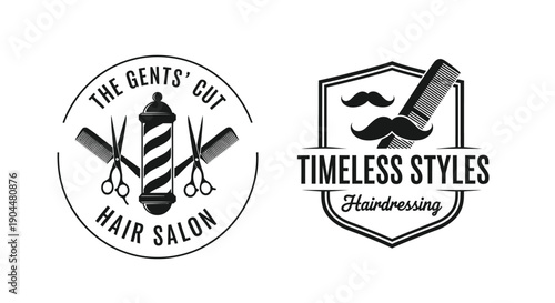 Vintage barbershop logo featuring tools and classic hairstyle elements