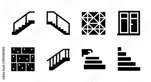 Set of minimalist stair and window silhouettes for architectural design