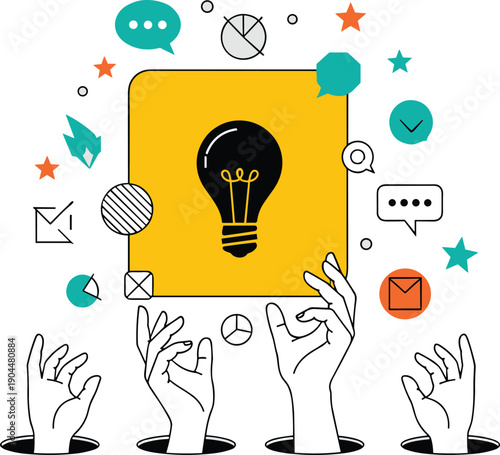 Creative teamwork illustration with hands reaching toward light bulb, innovation concept, brainstorming collaboration, communication icons, abstract design for idea generation