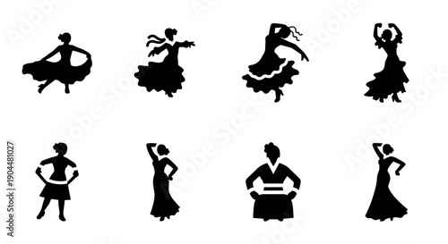 Silhouette dance poses featuring flamenco and ballet movements
