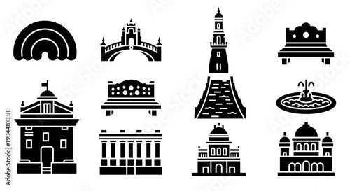 Iconic city landmarks and structures in flat black silhouette style