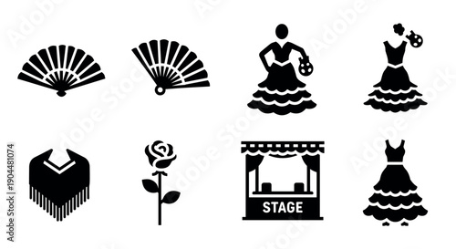 Classic flamenco icons set: fans, dancer, rose, stage, dress, and shawl silhouettes