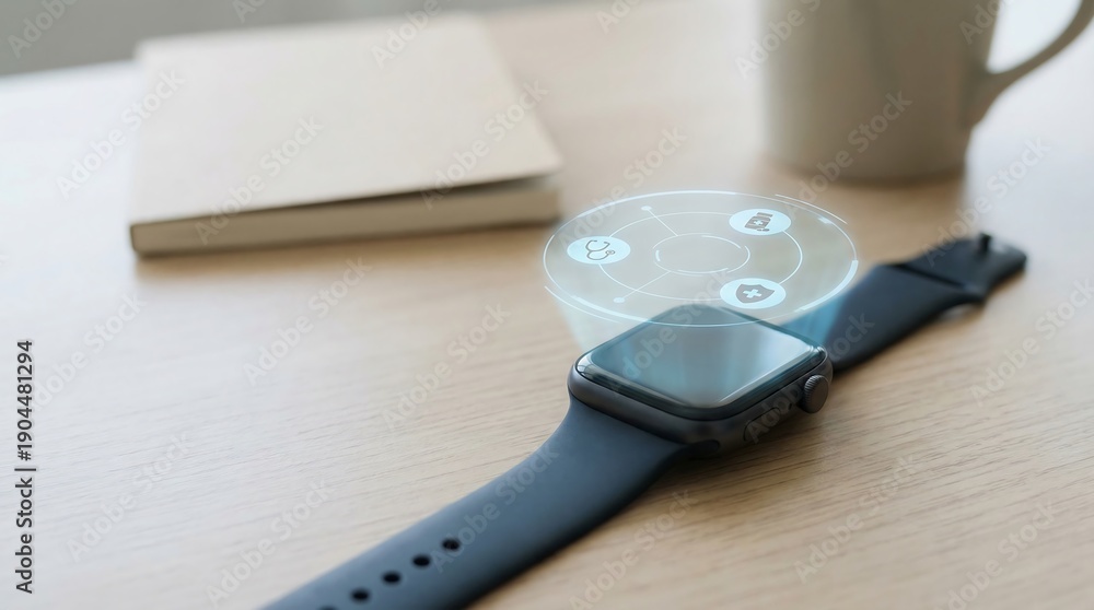 Fototapeta Smartwatch with holographic UI icons on wooden desk, notebook and coffee cup in background, wearable technology concept