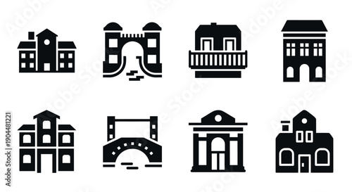 Silhouette icons of diverse building styles: modern, historic, and architectural designs