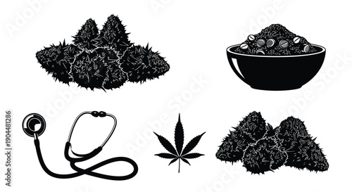 Medical marijuana imagery featuring cannabis buds a stethoscope and a leaf