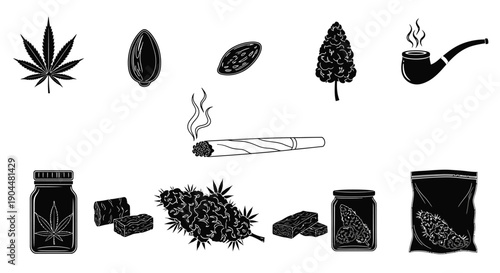 Black and white illustration of cannabis tobacco and related items