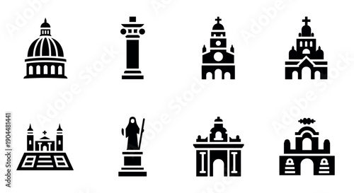 Silhouette icons of historic religious and architectural landmarks