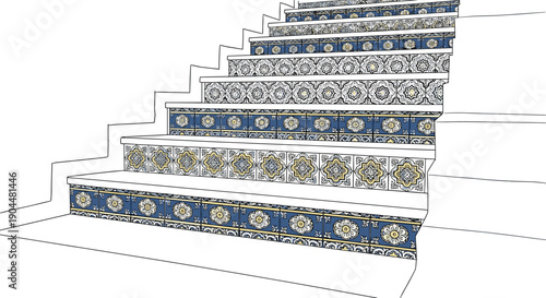 Decorative staircase with intricate geometric ceramic tile patterns in a linear style