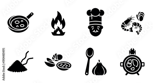Culinary icons: cooking, chef, and food symbols in black silhouette style