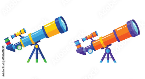 Colorful cartoon telescopes on stands depicted in a playful illustration