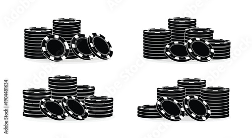 Stacks of black casino chips arranged in a grid pattern on white