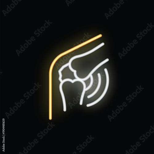 White and yellow neon icon of ultrasound diagnostic scanning human knee joint bones on black background